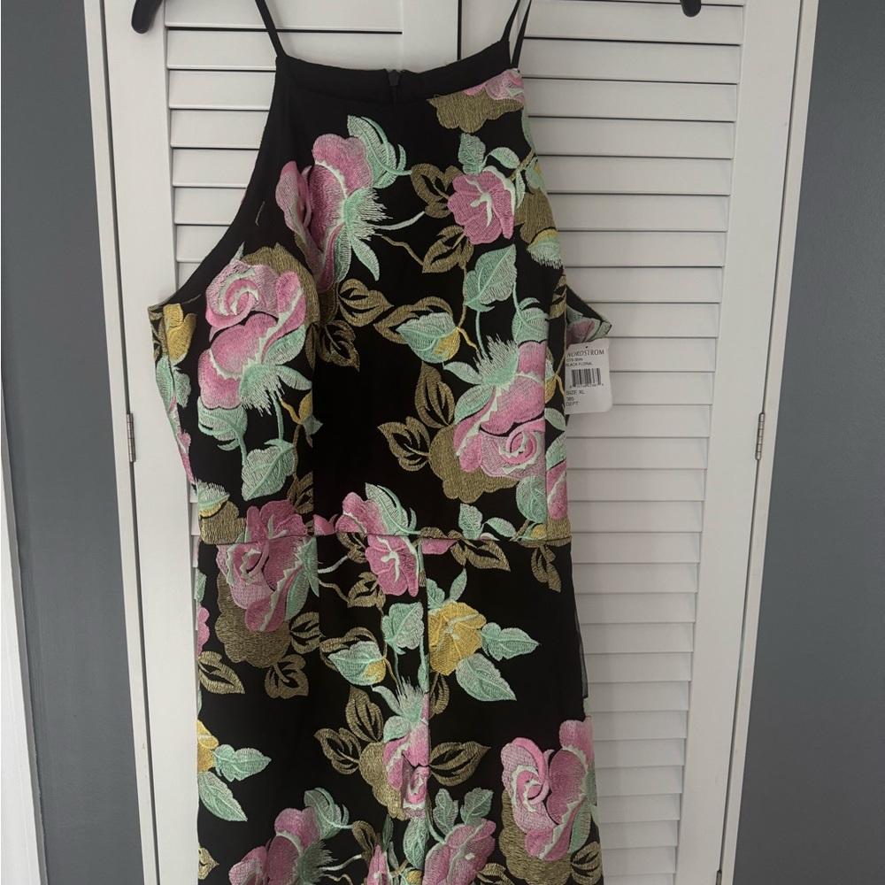 Nordstrom Black Dress with Pink and Green Floral Design